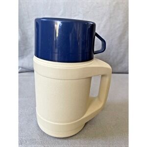 80s Vintage USA Aladdin 23 oz Thermos Cream Blue Plastic Insulated Bottle Handle